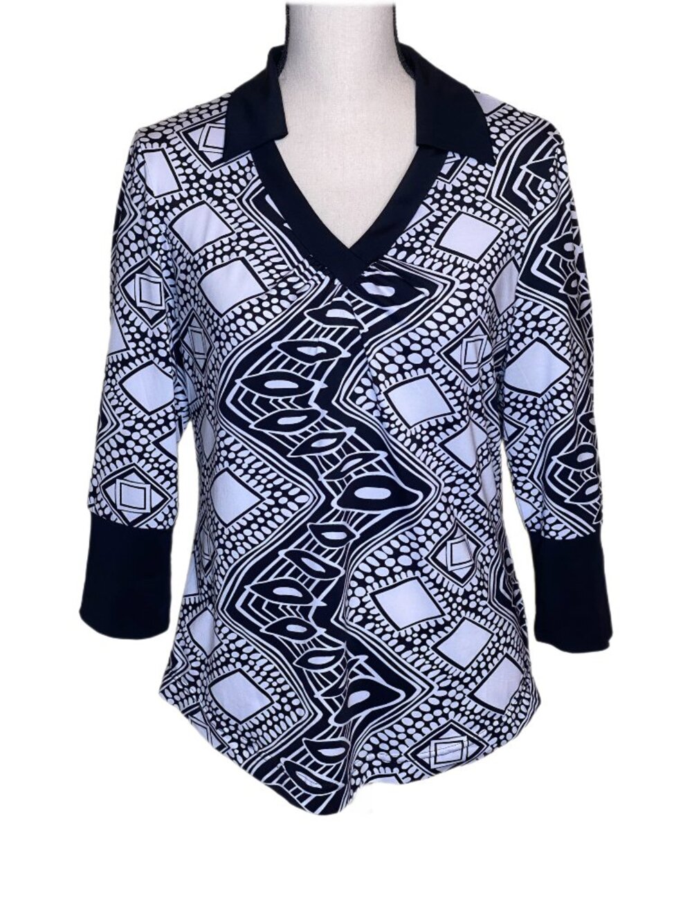 Essentials Women's Three-Quarter Sleeve Black & White Patterned Shirt Size M